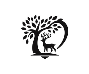 Silhouette of deer under tree with heart backdrop