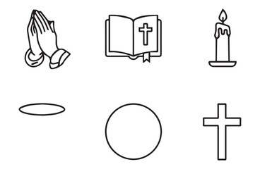 Collection of religious symbols including praying hands open bible lit candle cross and communion elements for faith and spirituality concepts