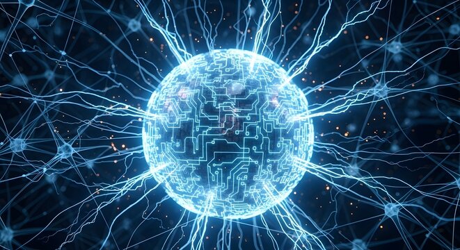 Interconnected neural networks and glowing circuit paths form a complex, digital brain structure.