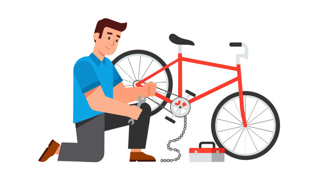 Bicycle Maintenance: Mechanic Repairing A Red Bike With Tools For Cycling Enthusiasts