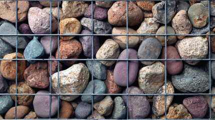 Modern gabion wall steel wire grid. Filled with natural river stones. Building material shows blend of strong texture, durable structure. Used in landscape architecture, garden design, offering