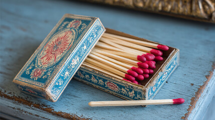 Open box of red tipped matches rests on a vintage blue wooden table. The antique box has a decorative pattern. A single red tipped match is ready to be struck.