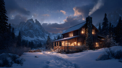 Cozy wooden cabin in snowy mountain landscape with warm glowing lights at night