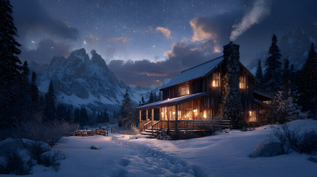 Cozy wooden cabin in snowy mountain landscape with warm glowing lights at night - Powered by Adobe