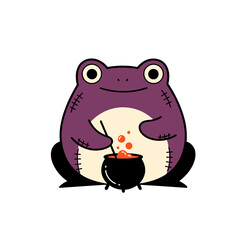 Fototapeta premium Cute cartoon purple frog cooking in a cauldron.