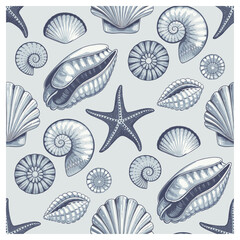 This elegant marine-themed pattern features various seashells, starfish, and spiral shells in shades of blue, set against a soft light background. The intricate detailing of the sea creatures creates.