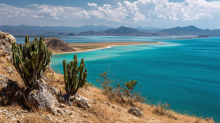 Scenic view of desert coast with cacti, turquoise sea and mountains. Plants grow on hills. Wild landscape of peninsula with blue water, sandy beach and horizon under sky
