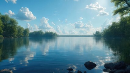 Serene lake vista under a cloudy sky