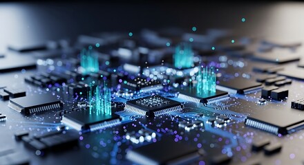 Complex Circuit Board with Vibrant Information Transfer Simulation