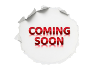 Coming soon text inside torn paper circle isolated on transparent background