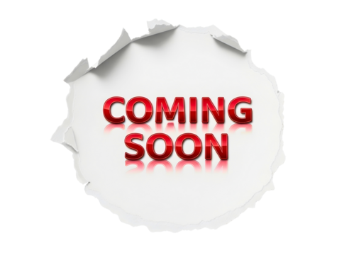 Coming soon text inside torn paper circle isolated on transparent background