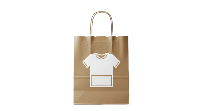 A brown paper bag with a white shirt design on it on transparent background