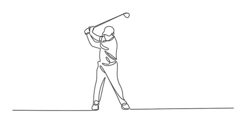 Elegant continuous line drawing captures a golfer swinging a club with dynamic motion vector