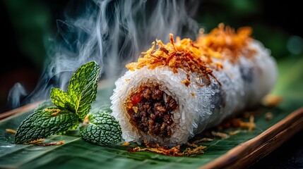 Steaming hot savory rice roll with aromatic mint and crispy fried onions offers a delightful culinary experience.