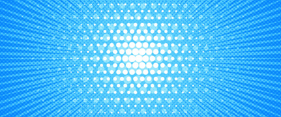 Fototapeta premium Light blue radial dotted comic background. Speed lines wallpaper with pop art halftone texture.