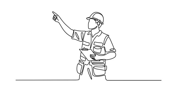 Continuous one line drawing of a construction worker holding a tool and a tablet vector