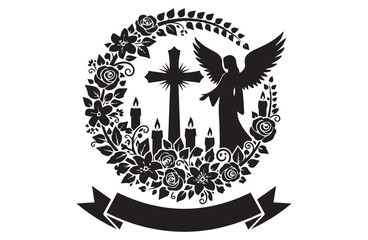 Silhouette of a christian cross and angel surrounded by roses and candles within an oval frame with a banner below
