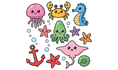 Cute Sea Animal Vector set featuring jellyfish, crab, seahorse, octopus, starfish, and marine elements. Perfect for children’s illustrations, ocean-themed designs, and playful cartoon artwork projects