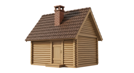 A small log cabin with a chimney and brown roof on transparent background