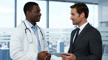 African American Doctor Sharing Digital Tablet with Caucasian Businessman in an Office with Cityscape Background Smiling Discussing Medical Data for Healthcare Decision - Powered by Adobe