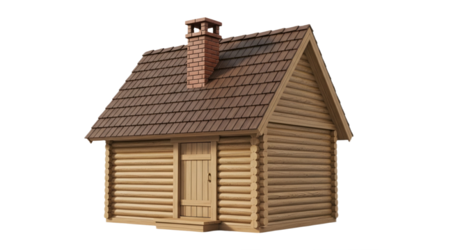 A small log cabin with a chimney and brown roof on transparent background - Powered by Adobe
