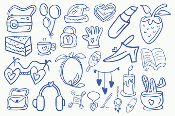 Collection of handdrawn doodle icons representing various objects and symbols, isolated on a