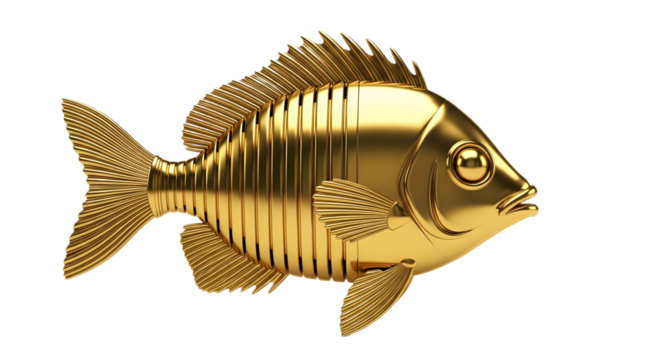 A golden fish with detailed fins on transparent background
