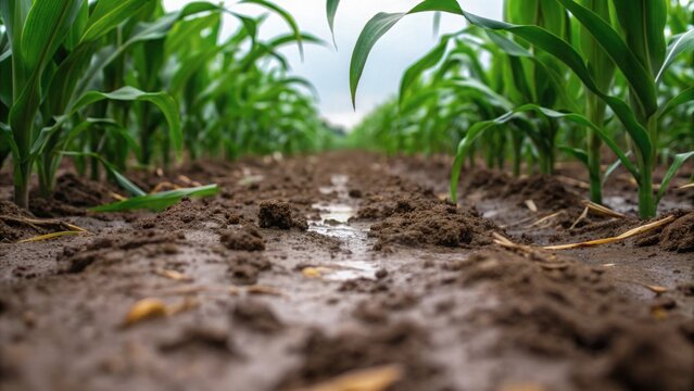 Tropical cyclone Lush cornfield with rows of green plants and rich soil, viewed from a low angle.