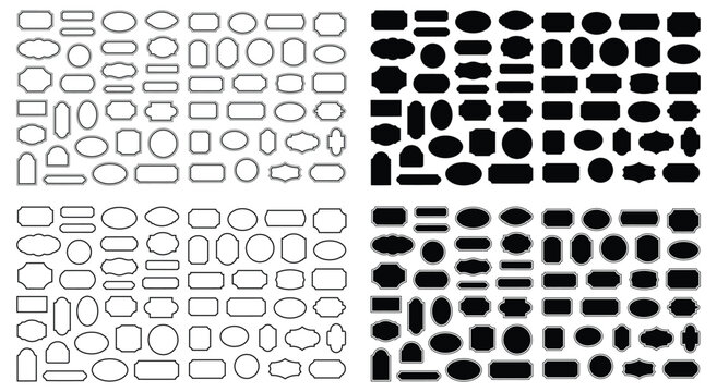 Collection of decorative geometric and oval frames and borders line art, Decorative frames and borders in outline and silhouette styles set, Outlined frames and borders in different shapes and sizes.