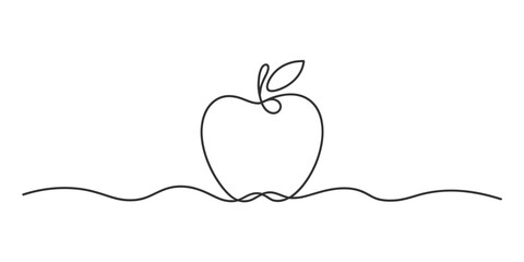 Minimalist continuous line drawing of an apple with a stem and leaf on a wavy base line vector