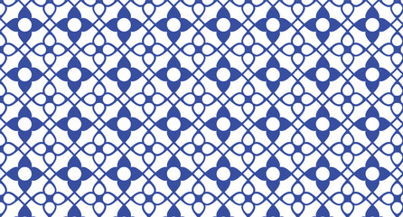 Seamless blue and white geometric pattern with floral motifs