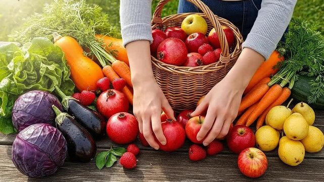 Arranging Fresh Harvest Vegetables and Fruits in Wicker Basket on Rustic Wooden Table Top Sunlight and Greenery Background with Purple Cabbage, Apples, Carrots, Aubergines 198 Characters
