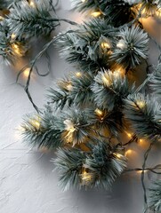 Illuminated frosted pine garland rests upon a textured light background