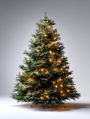 Evergreen holiday decoration stands illuminated with warm lights and light dusting of snow