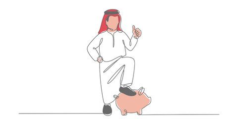 A continuous one line drawing of a woman standing with a piggy bank and a fencing sword vector