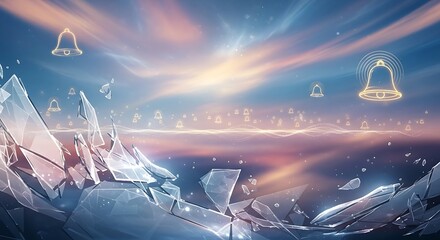 Notification symphony with crystal shards against pastel cosmic canvas