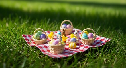 Miniature springtime gathering with easter motifs on a red checkered cloth