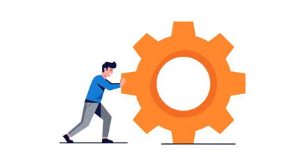 Business Process: A Person Effortlessly Moving a Large Gear with Black Background