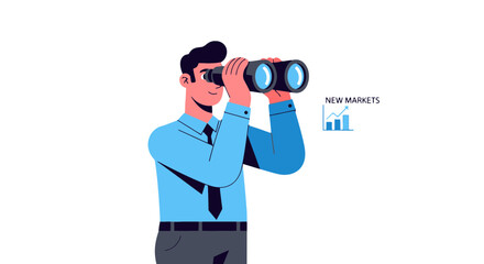 Business Leader Examining Future Markets With Binoculars, Forecasting Success and Growth