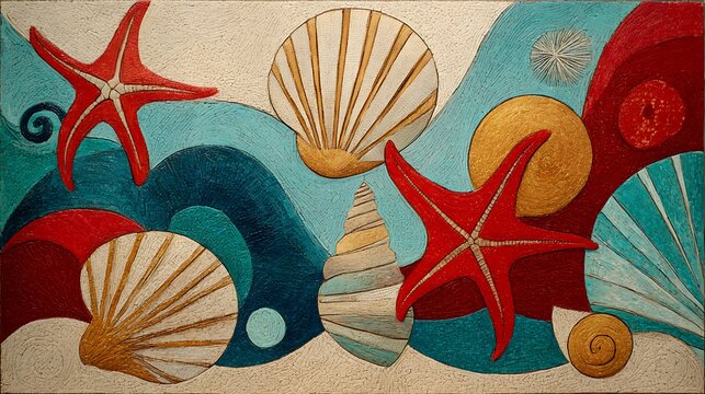 A contemporary geometric interpretation of the beach scene, where seashells and starfish are stylized into clean, angular shapes made with Ai