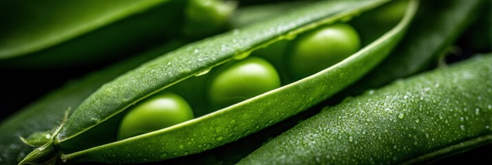 Fototapeta premium Fresh Green Peas in Pods With Water Droplets Close up Detail Still Life