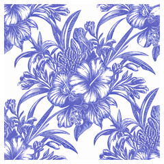 This elegant floral design features detailed blue flowers and foliage, arranged in a symmetrical pattern against a white background. The delicate linework and intricate detailing create a refined.