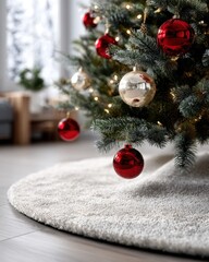 Close up view of a decorated evergreen holiday tree resting on a plush white base