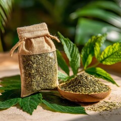 Matte yerba mate pouch mockup with leaves scattered around, bright daylight, fresh botanical outdoor background