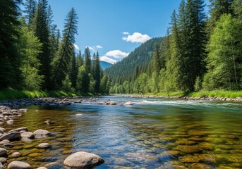 A scenic view of the clearwater river flowing through a lush green forest in montana on a sunny day with a clear blue sky above it all