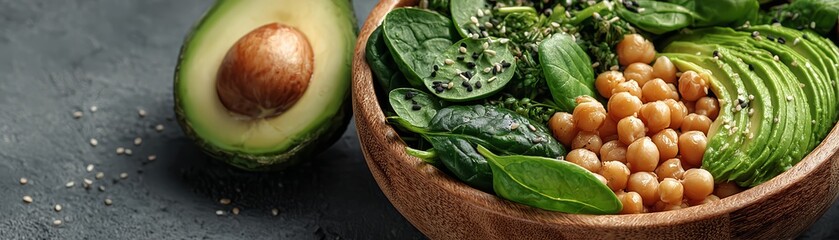 Minimal topdown view of lowglycemic salad bowl with avocado, spinach, and chickpeas, vibrant colors, wellness focus