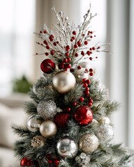 Evergreen holiday decoration features assorted ornaments and frosted accents