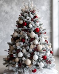 Flocked evergreen holiday decoration adorned with shiny red, white, and champagne ornaments