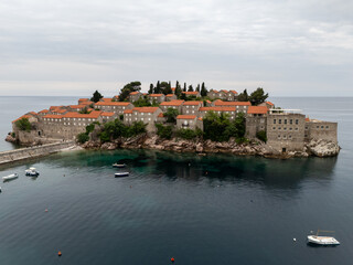 Fototapeta premium Sveti Stefan Island and Beach aerial view in Montenegro