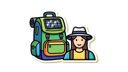 Fototapeta premium Vibrant cartoon sticker featuring a happy female explorer with a solar-powered backpack, symbolizing sustainable travel and nature exploration and ecological journeys